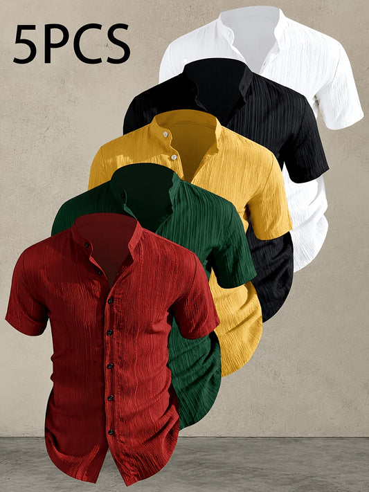 5pcs, Set of Five, Men's Summer Lightweight Stand Collar Short-Sleeve Shirts, Solid Color with a Premium, Niche Design, Casual Shirts, Easy Care, Machine Washable