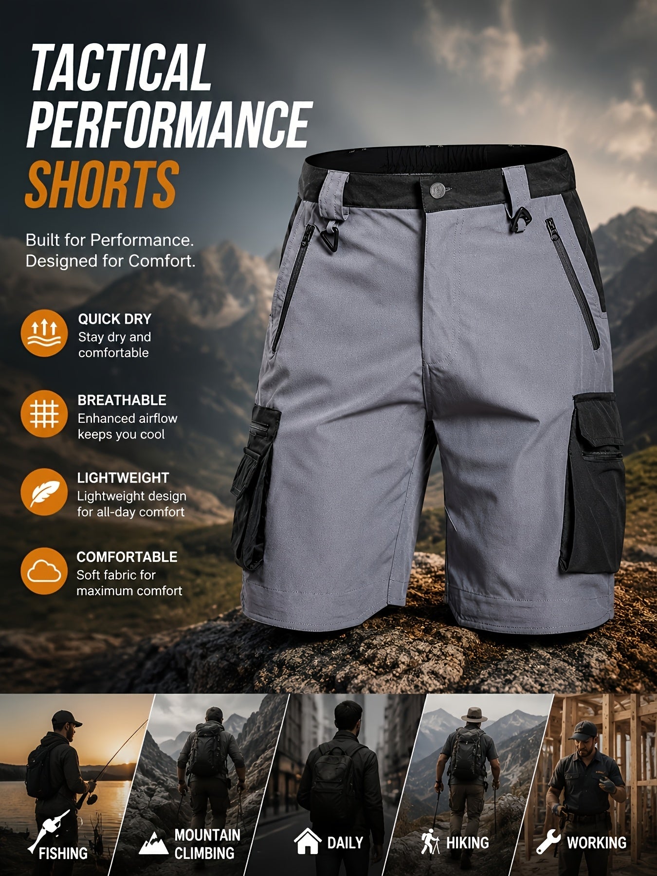 YKS JOOB Men's Tactical Cargo Shorts - Quick-Dry High Quality Multi-Pocket Outdoor Pants with Zipper Pockets, Breathable Suitable for Hiking, Fishing, Training, Work, Durable Straight-Cut Mid-Length Shorts for Workouts and Casual Wear