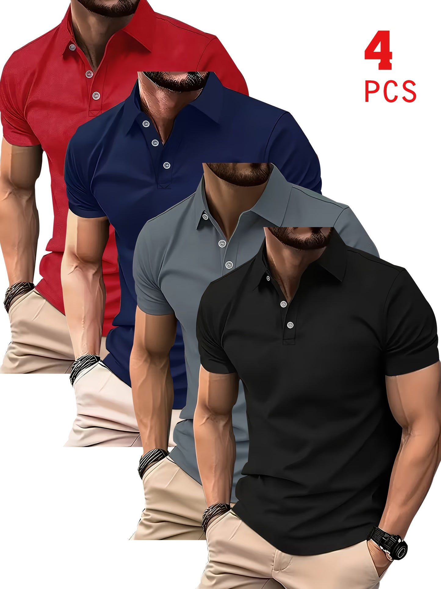 4pcs Quick-Dry Breathable Polo Shirts - Solid Color Lapel Collar Short Sleeve Button-Up Button- Shirts, Lightweight Stretch Polyester Suitable for Golf, Yacht, Office & Daily Wear, - Fit for Active Lifestyle