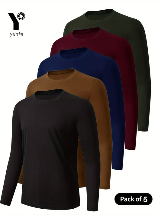 5pcs Men's Long Sleeve Crew Neck Shirts in Black, Khaki, Navy, Maroon, and Army Green - Quick-Dry Athletic Tops for Fitness, Outdoor Sports, and Slimming Workouts