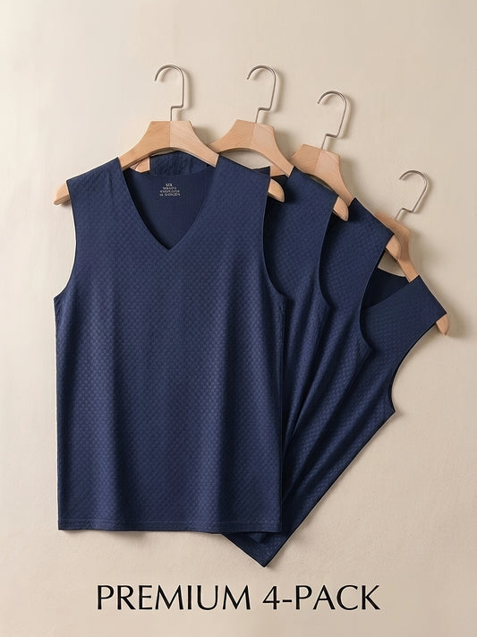New 4pcs Set Men's Plaid Ice Silky Fiber Fabric Vest - Seamless Wide Shoulder Fitness Base Layer - Ice Silky Fiber Fabric Quick-Drying, Breathable, Stretchy Material - Stylish Seamless V-Neck Design - Suitable for Home, Leisure, and Outings