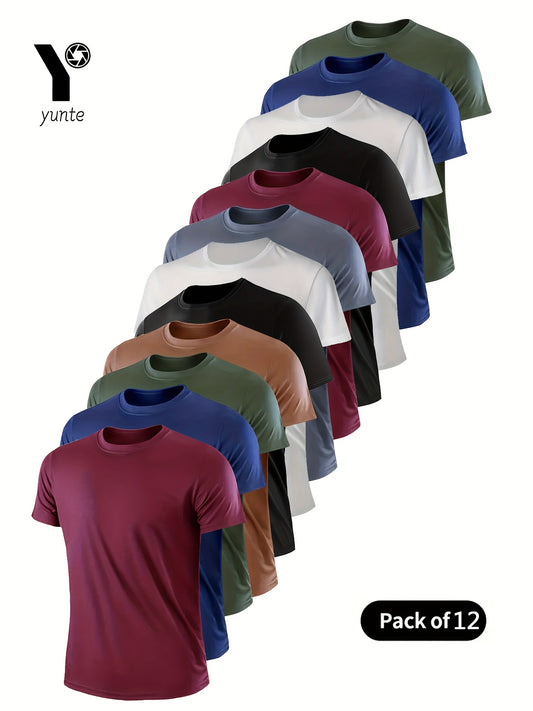 12pcs Assorted Colors, Ultra-Light Men'S Round Neck T-Shirt - Quick-Dry, Breathable, Sweat-Absorbing Shirt, Suitable for Fitness, Gym, And Running, Lightweight And Comfortable, Sports Fitness Training Quick-Dry Short-Sleeve Moisture-Wicking