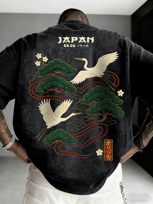 American Sporty Style Trendy Men's Japanese-Inspired National Chic Printed Short Sleeve Shirt, Distressed Washed Finish + Exquisite Crane and Pine Tree Pattern, Crisp Wrinkle-Resistant and Wear-Resistant Fabric, Slimming Shoulder-Defining Design