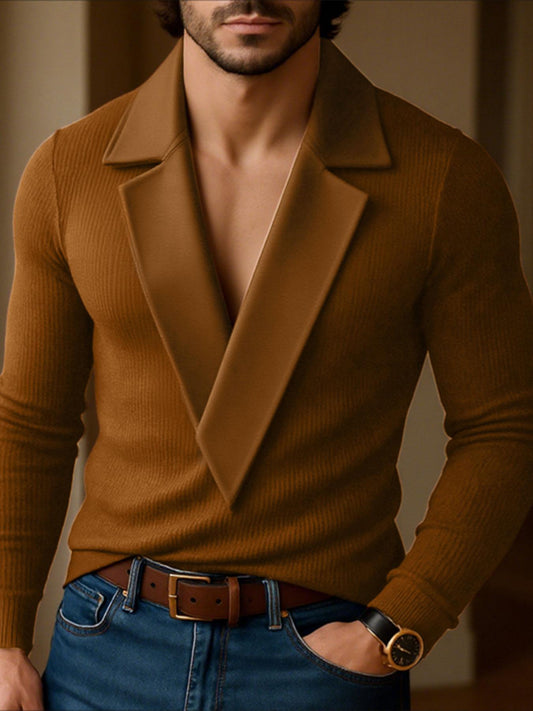 Men'S Knitted Tee Tops Lapel Long Sleeve Loose Thin Street Hippy Leisure Pullover Casual T-Shirt